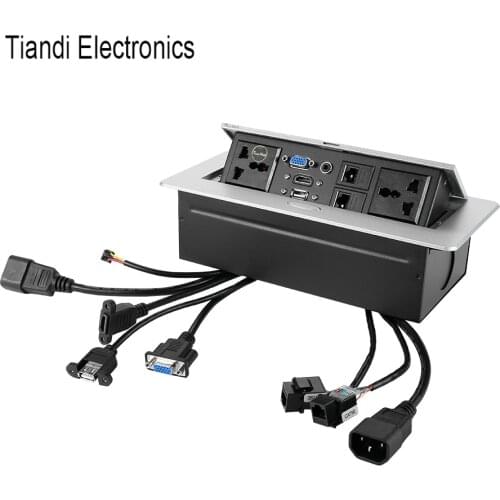 Hidden dustproof outlet universal power zinc alloy pop up black round edge socket with USB HD HDMI 3.5 audio VGM RJ45 interface