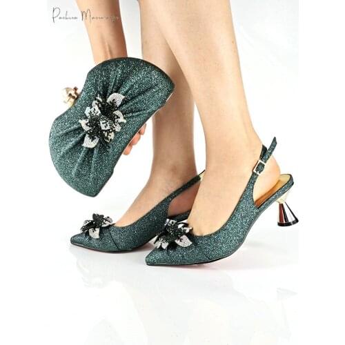 African Hot Selling Avocado Color Italian Design Fashion Sepcial Flower Style Decoration Party Wedding Ladies Shoes and Bag Set
