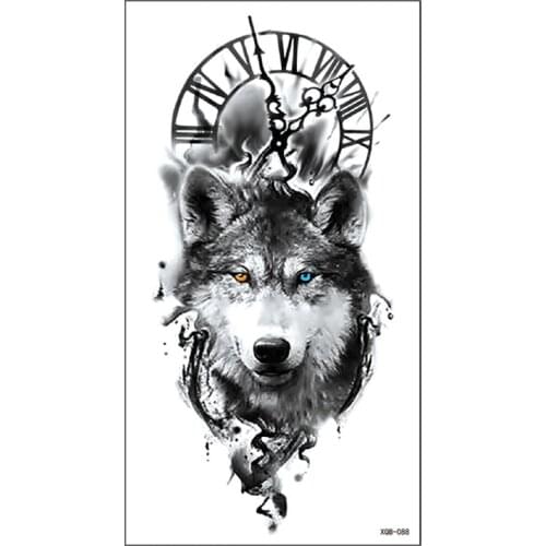 Waterproof Temporary Tattoo Sticker Clock Orange Blue Eyes Wolf Flash Tattoos Lion Compass Body Art Arm Fake Tatoo Women Men