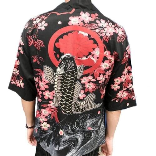 Japanese Kimono Cardigan Shirt Men Sakura Carp Print Half Sleeves Open Stitch Blouses Male Holiday Beach Sun Protection Wear