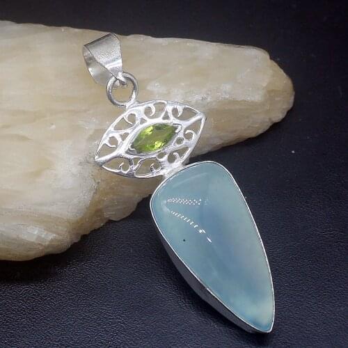 Gemstonefactory Jewelry Big Promotion 925 Silver Gorgeous Blue Agate PERIDOT Women Ladies Gifts Necklace Pendant 0692