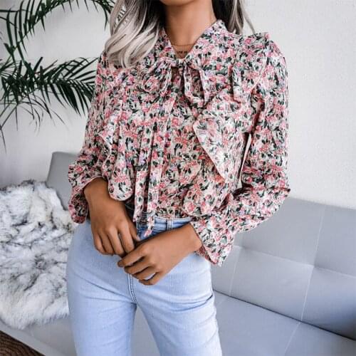Autumn Fashion Floral Printed Long Sleeve Blouse Women Shirts Elegant Lace-Up Bow Spring O Neck Chiffon Shirts Ladies Casual Top
