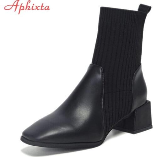 Aphixta 2021 New Square Heels Socks Boots Women Fashion Stretch Fabric Elastic Square Toe Shoes Ankle Boots Plus Big Size 42 43