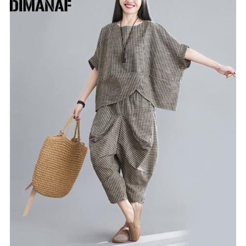 DIMANAF Women Two Piece Set Suit Casual Vintage Lady Tops Shirts Batwing Sleeve Loose Pants Cotton Striped Summer 2021Oversize