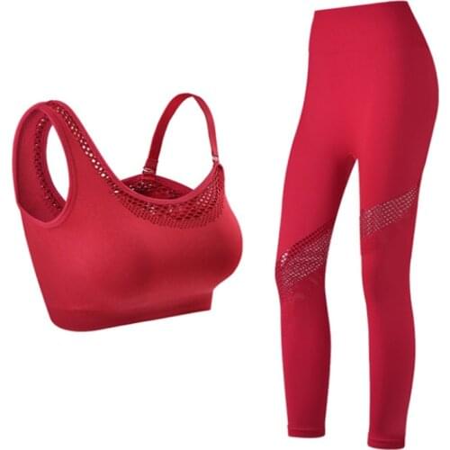 Women Fitness Workout Yoga Set Gym Clothing Track Suit High Waist Pants Seamless Leggings Shockproof Gathered Push Up Sports Bra
