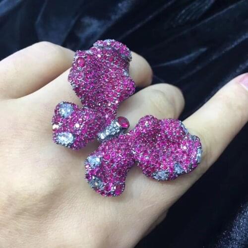 925 sterling silver with cubic zircon butterfly ring adjustable size rose red color fine women jewelry free shipping