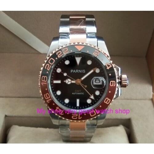 40mm PARNIS Sapphire Crystal GMT Automatic machinery movement luminous mens watches Rotate bezel pa37-p8