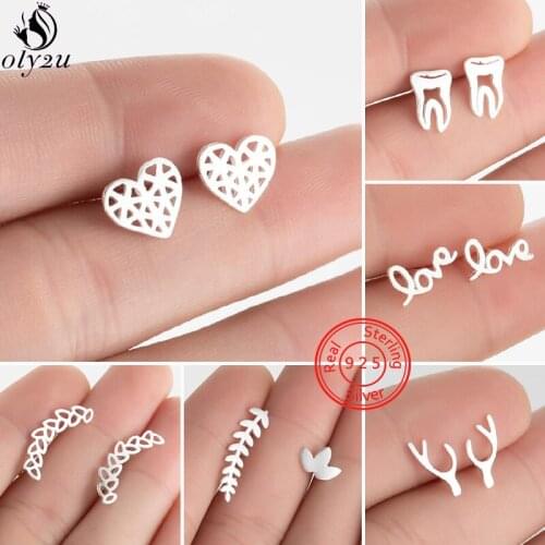 925 Sterling Silver Love Heart Earrings for Women 2021 Small Tooth Antlers Leaf Stud Earring Piercing Jewelry boucle oreille