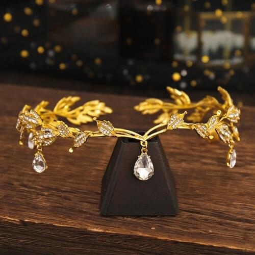 Baroque Gold Crystal Crown Bridal Hair Accessories Wedding Rhinestone Teardrop Leaf Tiaras Headband Frontlet Bride Hair Jewelry