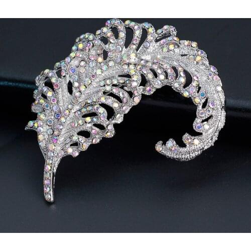 Large Full Crystal Feather Brooches Wedding Bouquet Brooch Pins For Women Suit Hats Clips Corsage Wedding Accessoris Bijoux