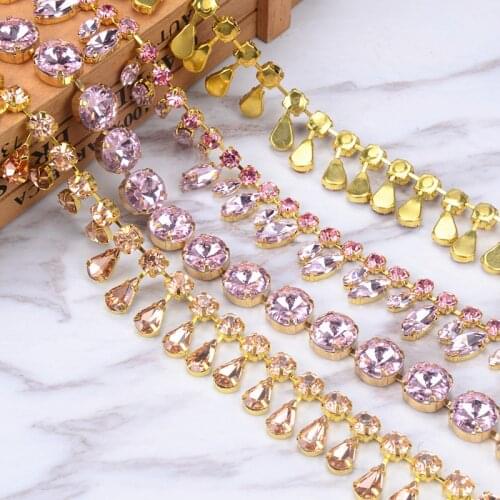 1Yard Dense Crystal Diamond Pendant Chain Pink Glass Horse Eye Rhinestone Tassel Trims Sew On Wedding Dress Clothing Accessories
