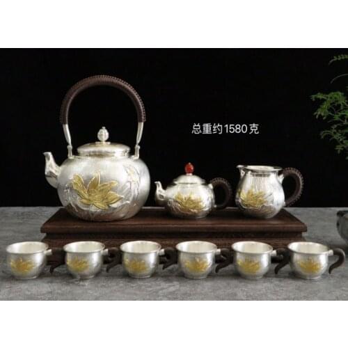 Silver pot 999 sterling silver handmade tea set Japanese retro teapot kettle home tea ceremony Kungfu tea set 1100ml