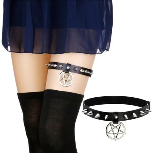Decopunk Sexy Rock Punk Spike Garter Belt Rivets Leg Thigh Harness Pentagram Black PU Leather Women Girls Goth Accessories