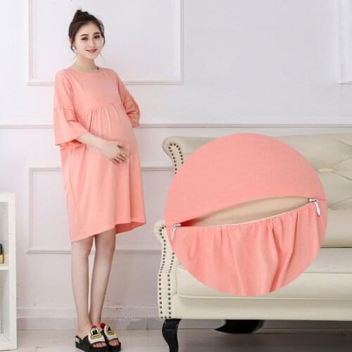 Maternity Long T-shirt Dress For Feeding Loose Casual Summer Pregnant Clothes Top Breastfeeding Dress Maternity Nursing Clothes