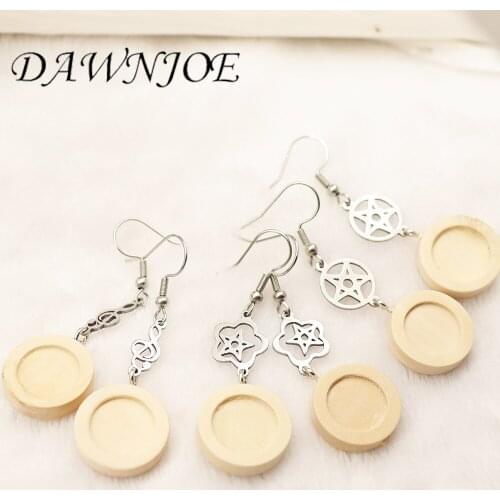 DAWNJOE 10pcs 12 20 25 mm Star Note Wood Cabochon Stainless Steel Earrings Hook Tray Base DIY Earrings Jewelry Making Supplies