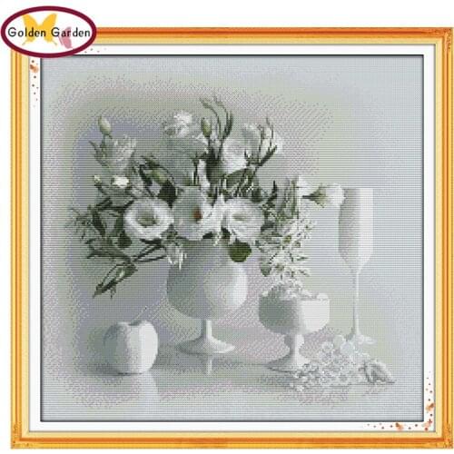 GG White Vase Pattern Counted Cross Stitch Embroidery Needlework Sets 11CT14CT DIY Handicraft Cross Stitch Kits for Home Decor