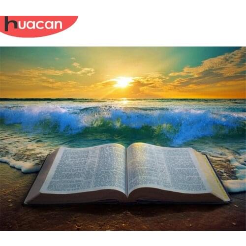 HUACAN Diamond Painting Full Drill Book Seaside Scenery Embroidery Sunset Sea Landscape Mosaic Wall Stickers