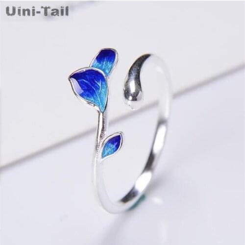 Uini-Tail new design hot-selling 925 sterling silver enamel drop glue leaf opening ring temperament literary fresh high quality
