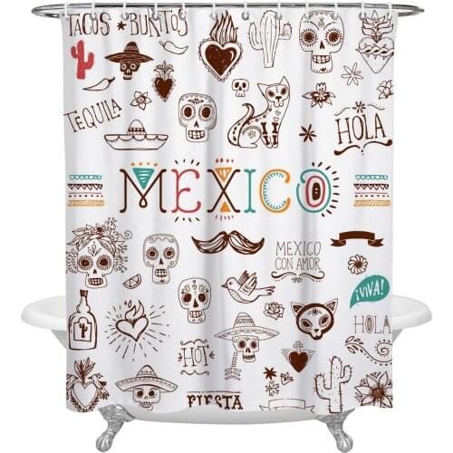 Mexican Skull Cartoon Cactus White Shower Curtains Bathroom Curtain Waterproof Polyester Frabic Bathroom Curtain with Hooks