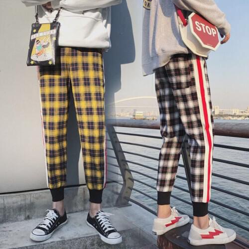 Plaid Pants Men Joggers Hip hop Pants Ankle-Length Trousers Elastic Waist Loose
