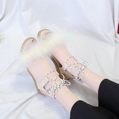 2020 Summer new fashion wild female lace up low-heeled sandals fur ball decoration color matching fresh sweet gladiator U23-62