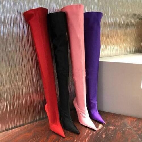 New Design Women Fashion Pointed Toe Satin Over Knee High Heel Long Boots Sexy Elastic Slim Long Thin Heel Boots Dress Shoes
