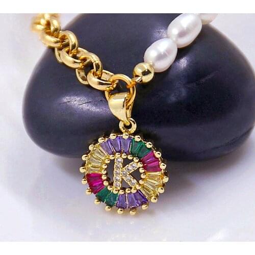 New Natural Freshwater Pearl Letter Choker Necklace Women Baroque Pearl O-Chain Initial 26 Alphabet Name Rainbow Pendant Jewelry