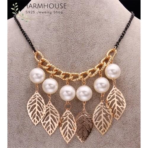 Necklaces For Women 18K Gold Color Pearl & Leaf Pendant Necklace Collier Femme Choker Autumn/Winter Long Chain Party Gifts