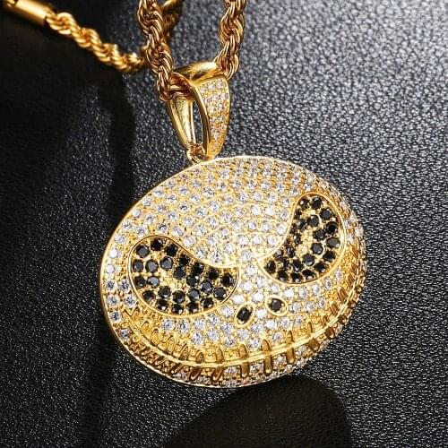 Iced Out Hip Hop Necklace Gold Plated Zirconia Simulated Cubic Zircon Chain Bling Skull Jack Pendant Jewelry for Men