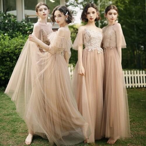 Bridesmaids Dresses Vintage Short O-Neck Embroidery A-Line Floor-Length Lace Tulle Off The Shoulder Lady Wedding Party Gown E167