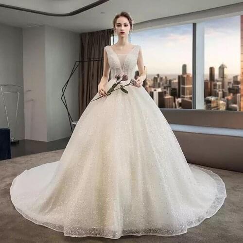 Sequins V-Neck Wedding Dress Fashion Empire Sleeveless Simple Floor-Length Lace Up New Plus Size Wedding Gowns For Women G474
