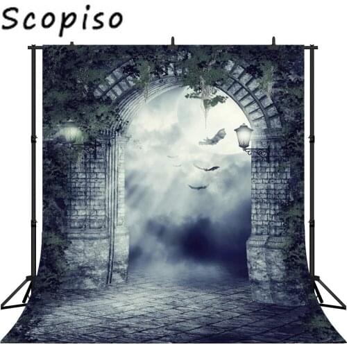 Scopiso Seamless Vinyl Photography Backdrop Halloween Night Brick Door Bat Background Photobooth Photocall Photo Shoot