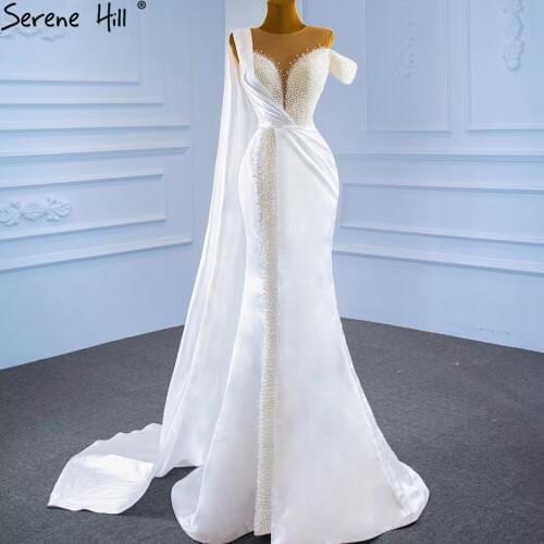 Serene Hill White Mermaid With Train Evening Dresses Gwons 2021 Satin Pearls Elegant Sexy For Women Party BHM67238