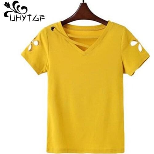 UHYTGF 4XL Plus Size T-Shirt Wome Fashion Hollow Casual Summer Tops Female Short Sleeve Pullover Comfortable Cotton T-Shirt 1594