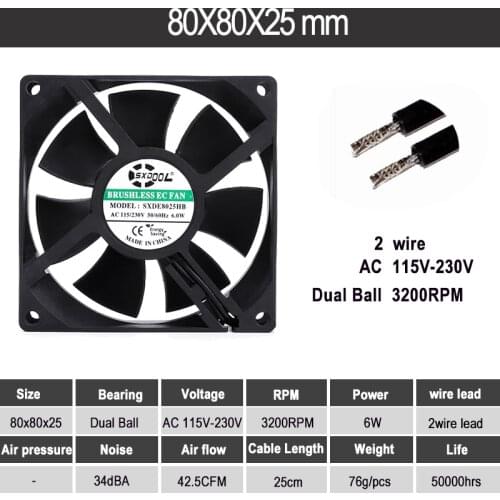 EC motor 80mm Dual Ball AC 110V 115V 120V 220V 240V Fan 80 x 25mm 8cm EC Brushless Cooling Cooler Fan Axial cabinets cabinet Fan