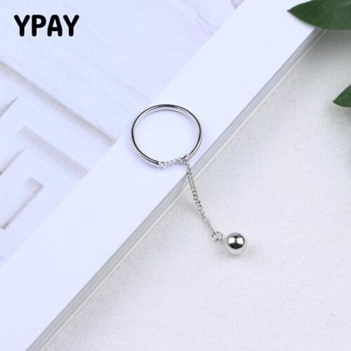 YPAY Pure 925 Sterling Silver Adjustable Ring with Long Tassel Hanging Beads Open Rings Vintage Style Fine Party Jewelry YMR764