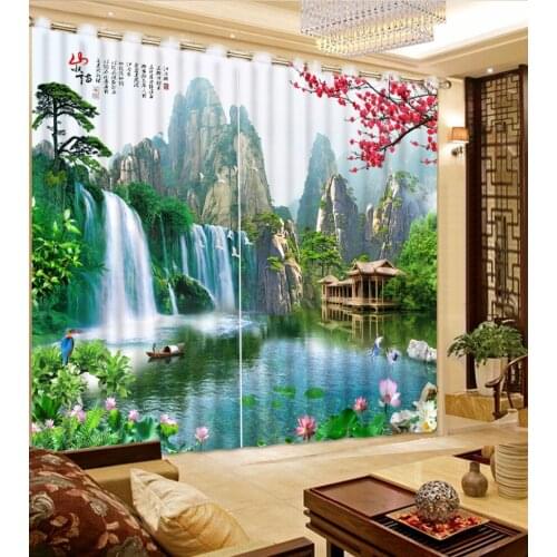 3D Curtain Nature Scenery Mountain Peak Waterfall Lake 3D Bathroom Shower Curtain Custom Any Size 3D Curtain Blackout