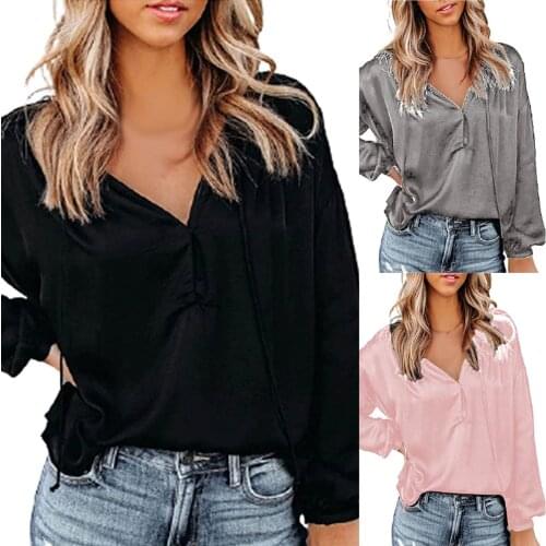 Womens Simple Shirt 2021 Spring Autumn Solid Color V-Neck Buttons Casual Long Sleeve Comfortable Fashion Sexy Party Club Tops