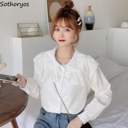 Women Blouses Long Sleeve Peter Pan Collar White Kawaii Leisure New Arrival All-match Trendy Korean Style Womens Shirts Loose