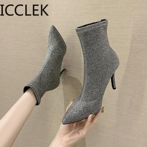 Women Boots Ankle Short Boots Flock Pointed Toe 7CM Thin Heels Winter Booties Woman Wool Elastic Slip on Women Martin Boots A092