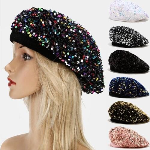 2020 Womens Fashion Fun Sequins Shimmer Stretch Beret Beanie Hat Ladies Sequin Beret Hand stitched Shining
