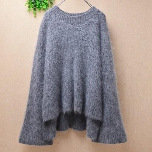 Ladies women fashion hairy plush mink cashmere knitted long flare sleeves round neck loose pullover angora fur jumper sweater