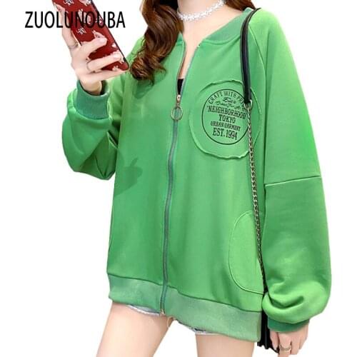 Autumn 2020 New Casual Women Sweatshirt Letter Print Stitching Stand-Up Collar Commuter Sweet Mid-length Thin Ladies Zipper Coat