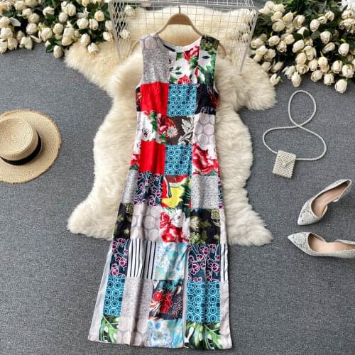 Runway New Fashion Summer Women O Neck Sleeveless Vintage Print Long Dress Ladies Patchwork Colorful Dresses Vestido