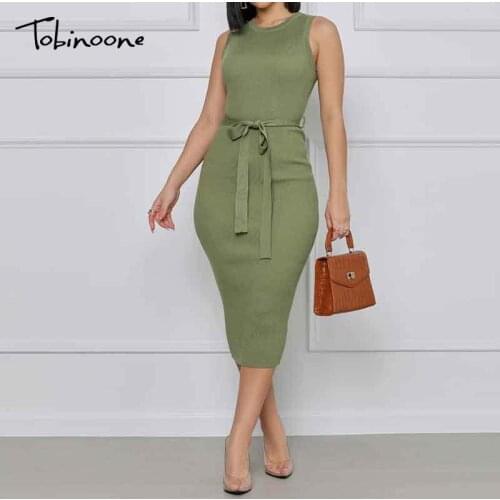 Tobinoone Solid Tie Bodycon Dress Women O Neck Sleeveless Slim Sexy Midi Dresses Autumn High Waist Party Evening Vestidos 2021