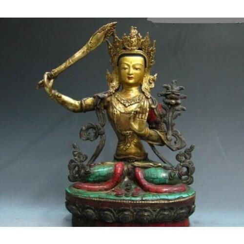 004665 Tibet Pure Copper Bronze 24K Gild turquoise coral Manjusri GuanYin Buddha Statue
