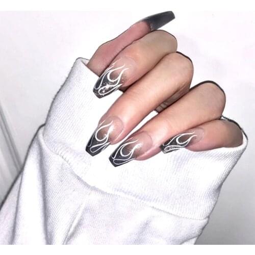 24Pcs/Set Punk Style Flame Ballerina French False Nails Wearable Fashion Artificial Fake Nails Full Cover Coffin Nail Tips Decor