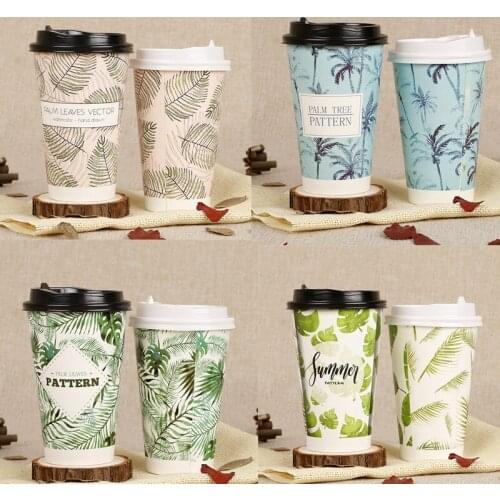 50pcs 500ml 16oz flamingo plant pattern disposable coffee paper cup new year party favor hot drink packaging cups with cover