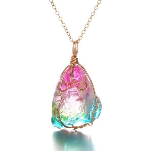 Seven color natural stone winding pendant necklace transparent multicolor crystal neck chain