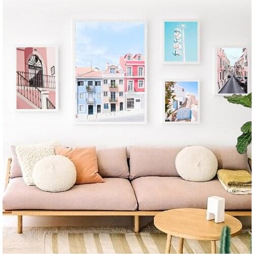 And Prints Wall Pictures For Living Room Decor Car Ocean Pink Telephone Booth Small Town Wall Art Canvas Painting Nordic s